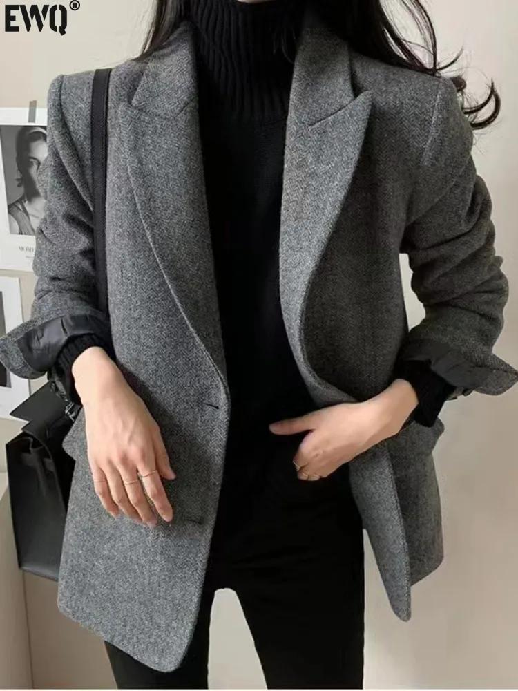 [EWQ] 오피스 레이디 캐주얼 모직 블레이저 코트, 올 매치 싱글 브레스트 아웃웨어, 여성 겨울 의류, 2024 가을 신상, 16O1299