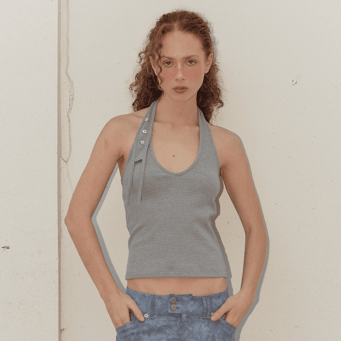 SHELL BUTTON HALTER SLEEVELESS - GREY