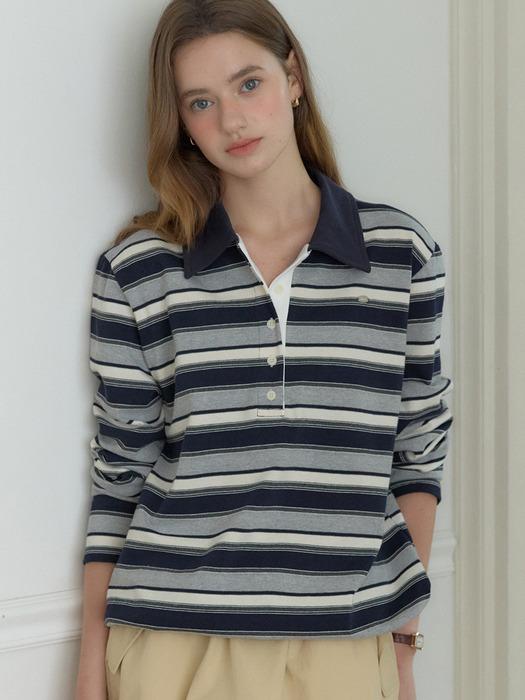Sorbet Stripe Pique Sleeve T-shirt - Navy