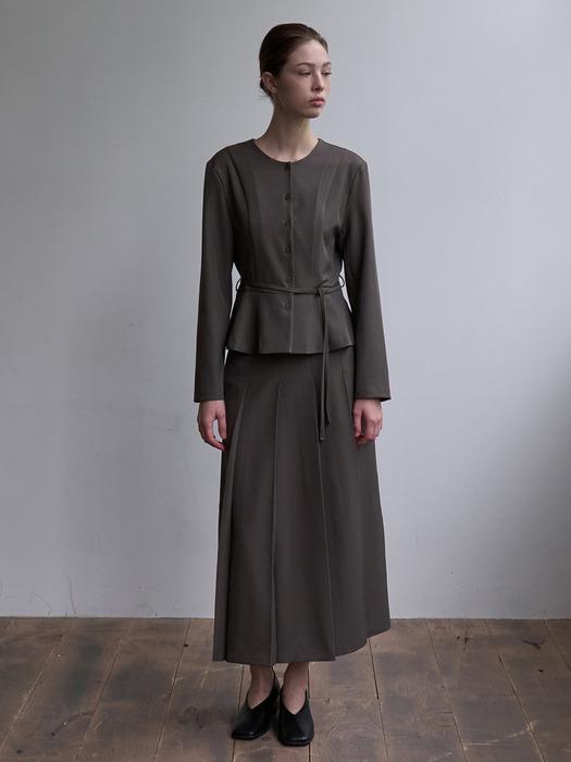 [세트] 플레어 블라우스 자켓 + 플리츠 맥시 스커트 토프그레이 amr2162