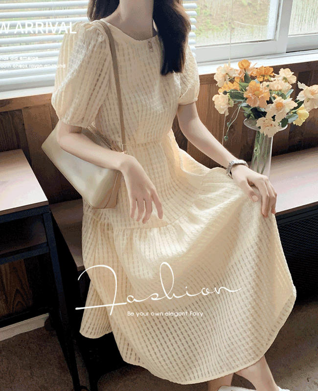 [~3XL/빅사이즈원피스]와플 캉캉 롱원피스 라운드넥 여름 반팔 퍼프소매 옐로우 베이지색 원피스 일상복 편안한 데일리 쉬폰 롱드레스 러블리 데이트룩 빅사이즈 여름 코디 바디커버 휴가 여행룩