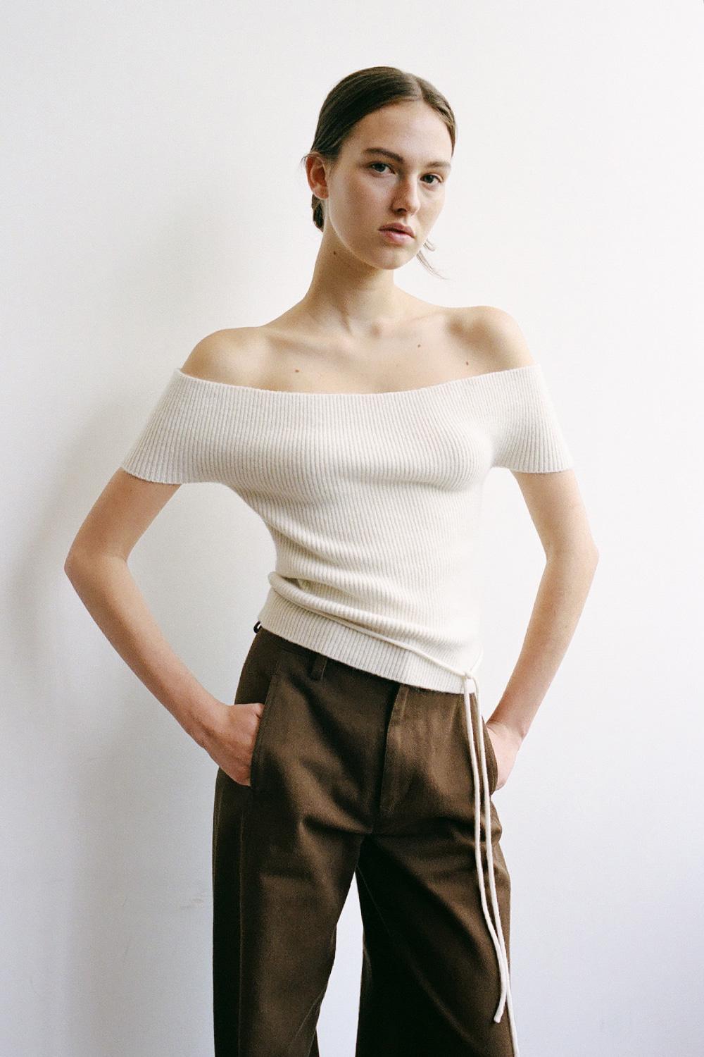 Rib Off Shoulder Top_Ivory