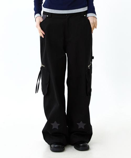 스타 체크 배색 스터드 카고팬츠 블랙