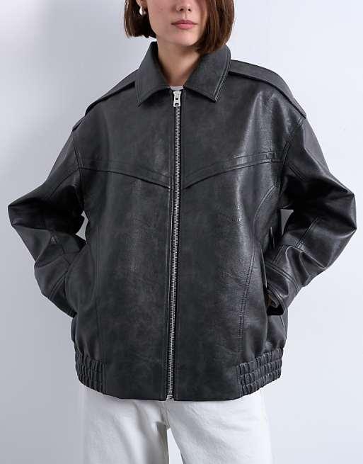 Topshop faux leather bubble vintage wash seam detail zip thru bomber jacket in washed black