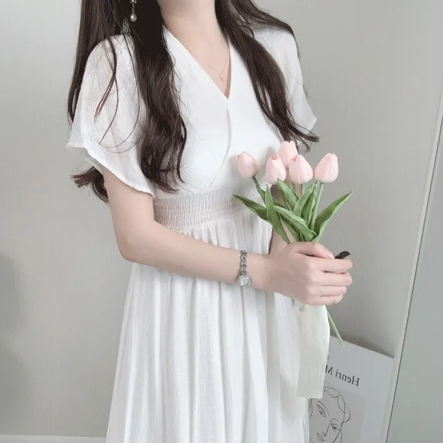 [청순무드/뒷리본] 스모크 브이넥 랩 뒷 리본 플레어 쉬폰 롱원피스