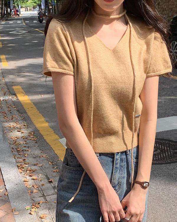 [스트링SET/울10%] 이로아 팬던트 브이넥 반팔 니트