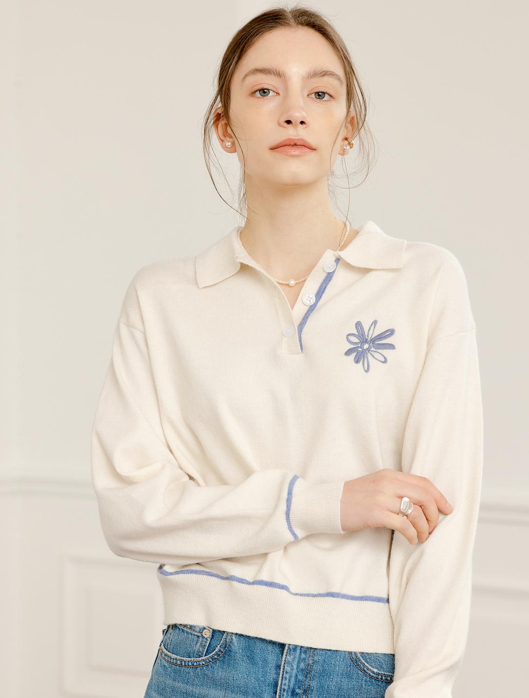 [UNISEX] 체크 플라워 카라 니트 [IVORY] / S22A06030