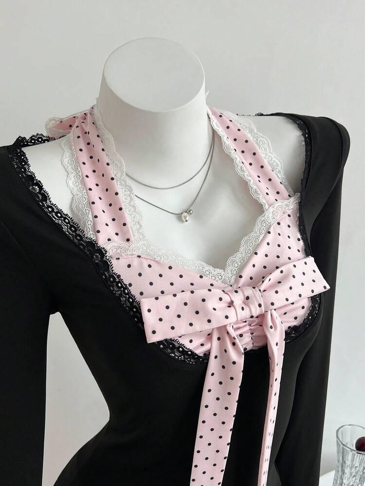 Elamini 여성 대비 색상 나비 넥타이 목 레이스 패치워크 긴팔 티셔츠