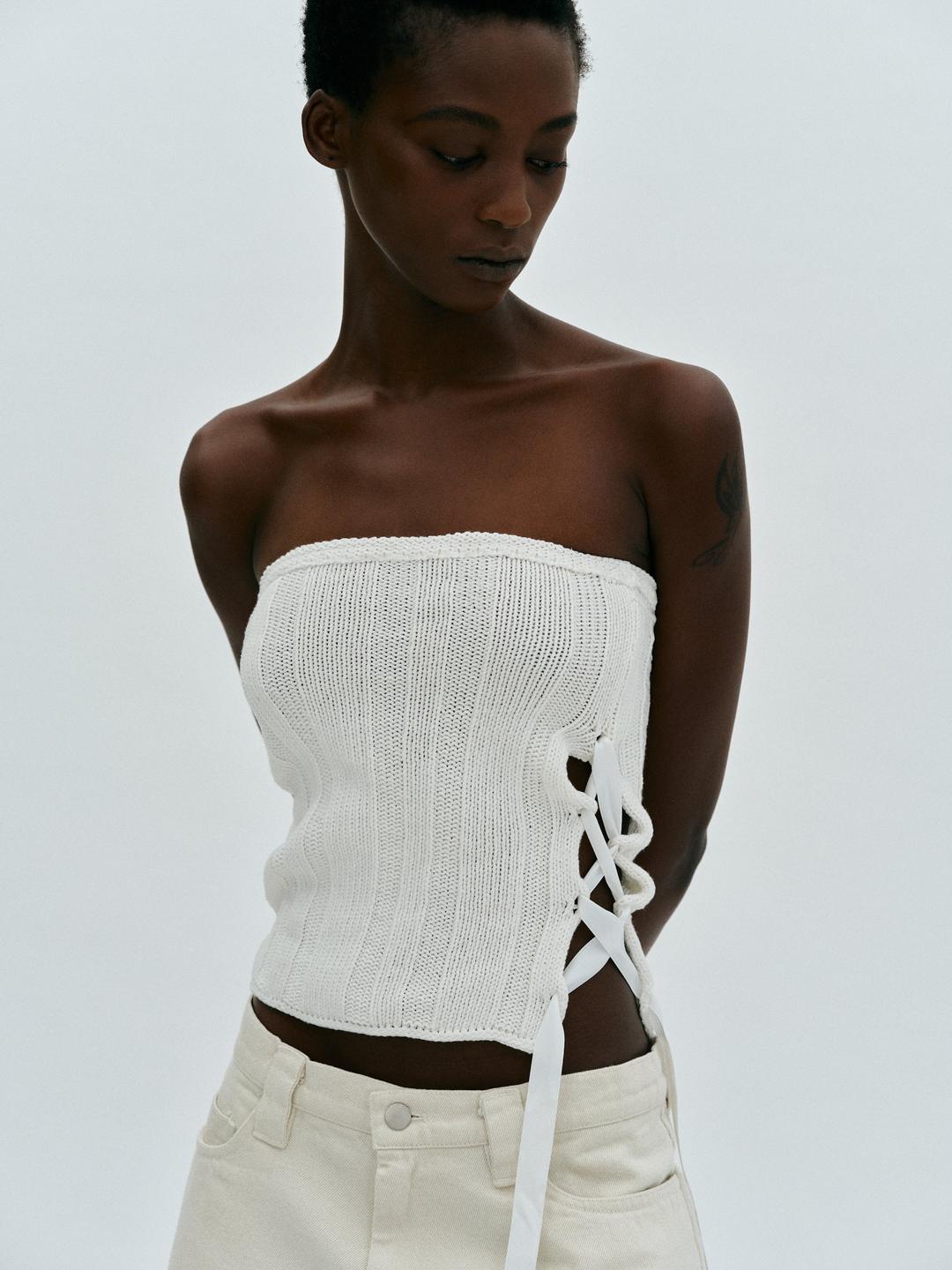 Lace-Up Bustier Knit, Ivory - One Size