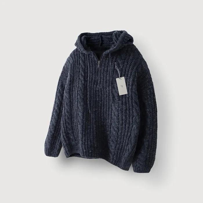 꽈배기 후드 반집업 니트_Navy
