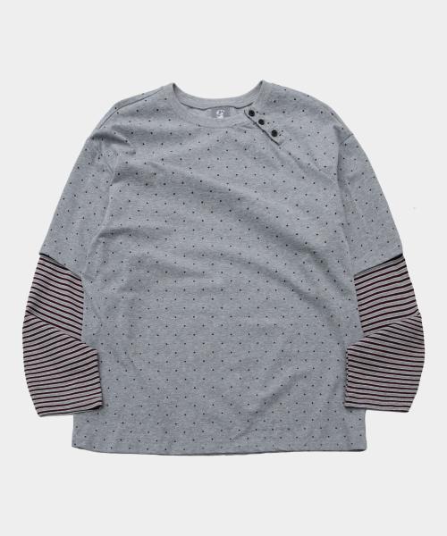 미니 도트 컬러 언발란스 스트라이프 투웨이 레이어드 티셔츠 [그레이]