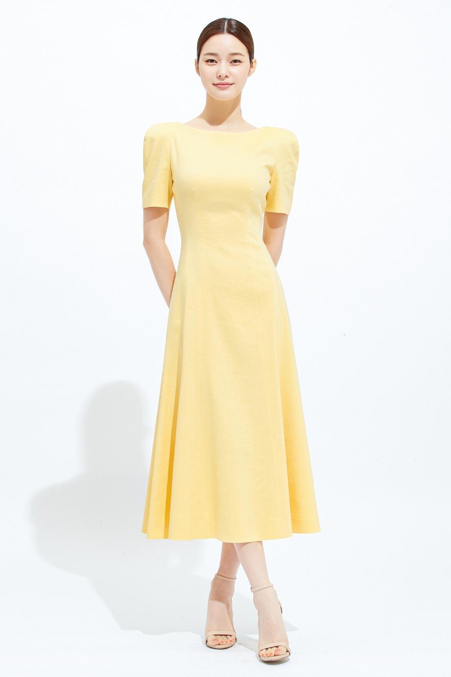 LINEN BOAT NECKLINE FLARE DRESS