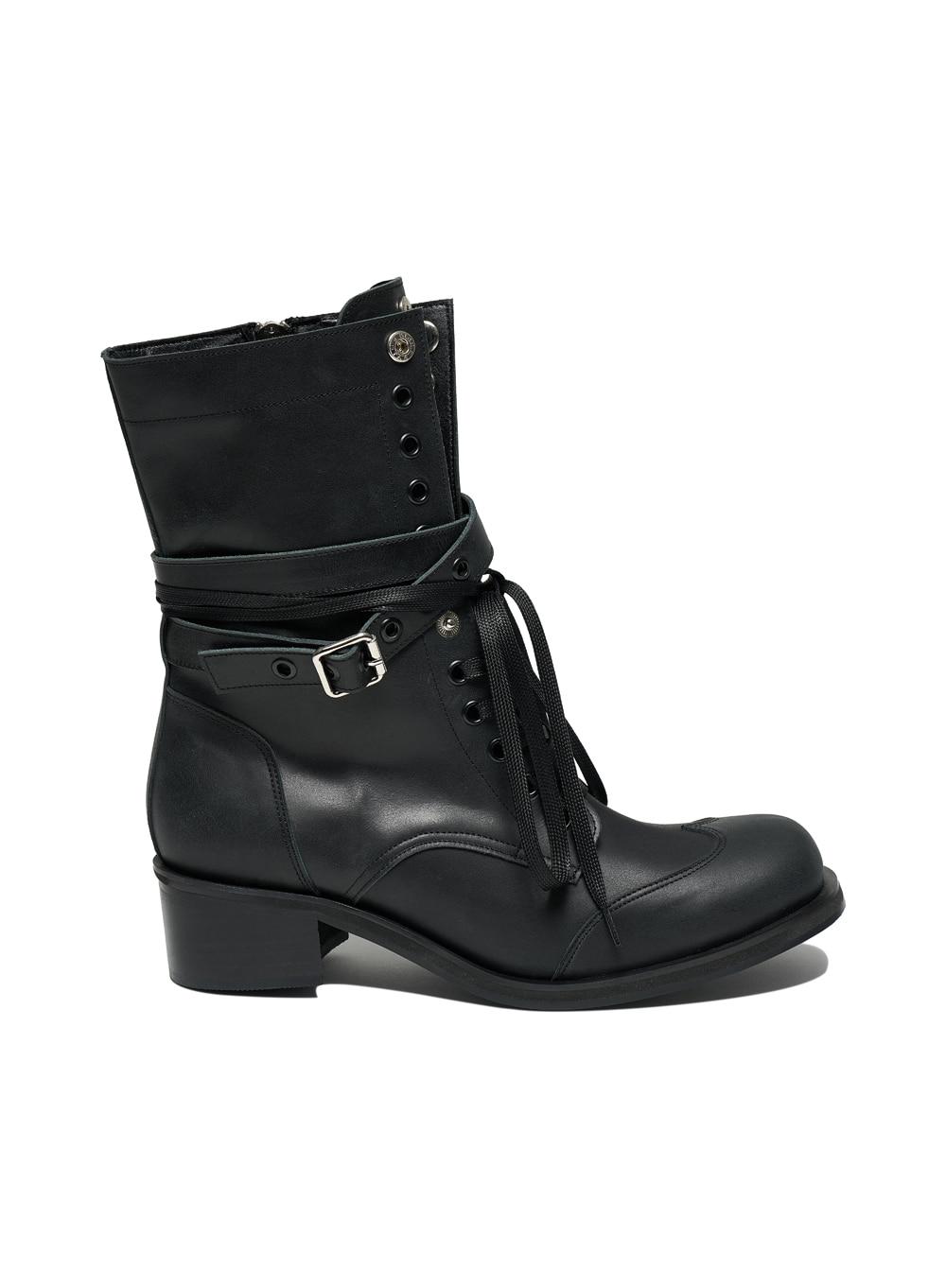 [WOMEN] LEATHER BUCKLE STRAP LACE-UP BOOTS_BLACK