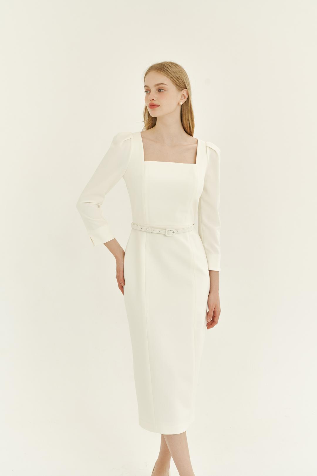 [with 케렌시아] Square-neck Slim Dress(LL) / Ivory(2color)