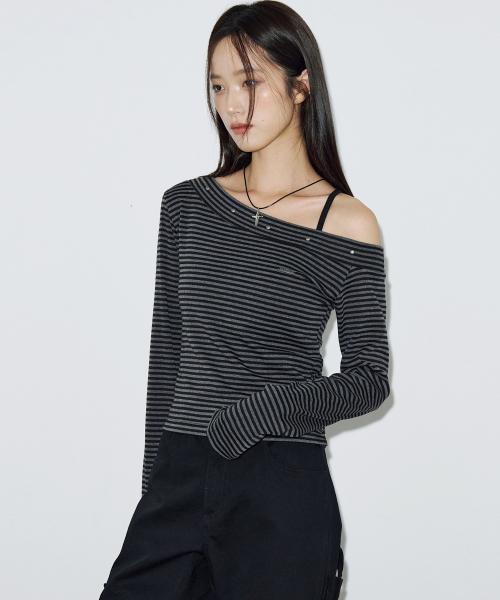 스터드 언벨런스 오프숄더 롱 슬리브 [스트라이프]