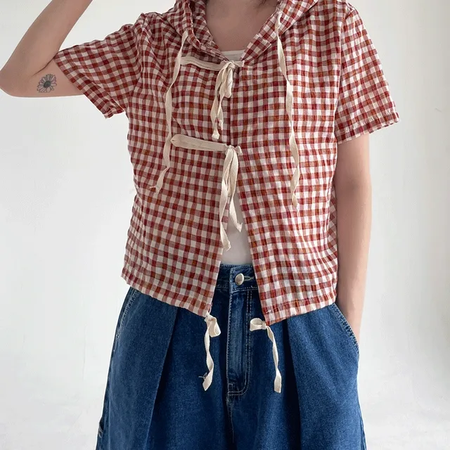 (유니크) 체크 리본 후디 셔츠