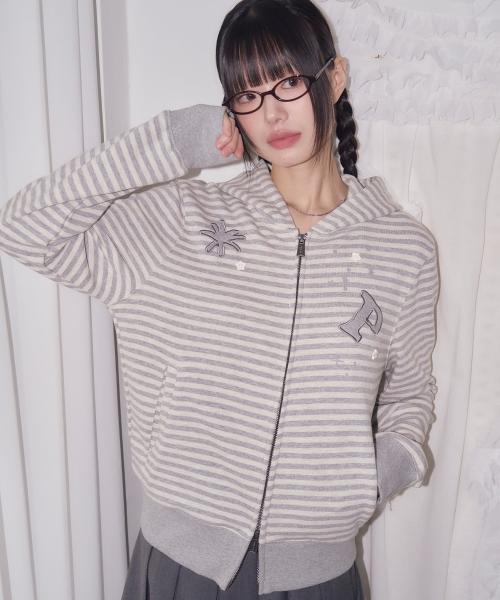 STRIPE STAR BUTTON HOOD ZIP-UP GRAY