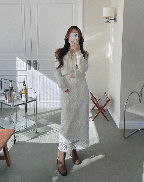 플라워 자수 레이스 롱 스커트