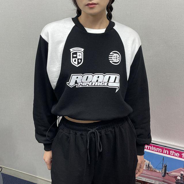 로엠 스트링 크롭 맨투맨 (3color) - 스토브스트링 밴딩크롭 배색 레터링 프린팅 프린트 쭈리 코튼 면 박시핏 벌룬핏 스포티룩 고프코어룩 운동복 트레이닝복 츄리닝 블록코어 바시티