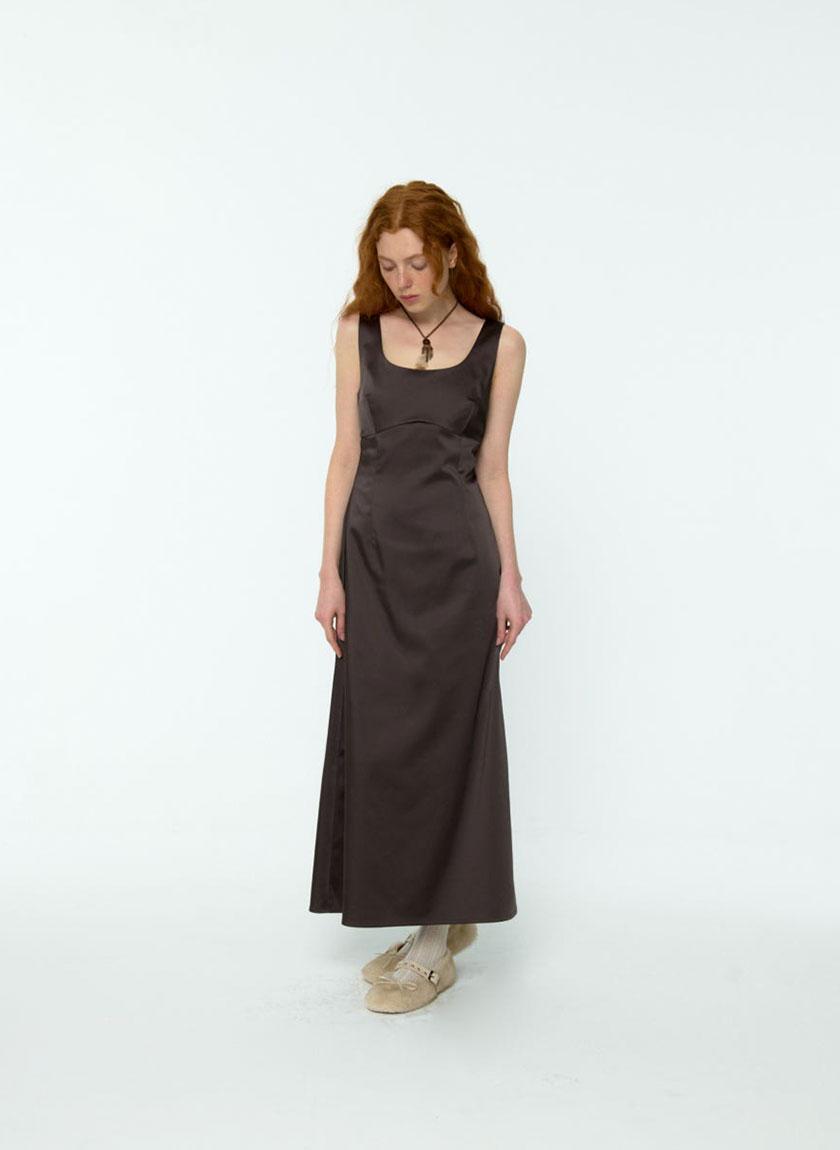 Glossy Slim Satin Long Dress (Brown)