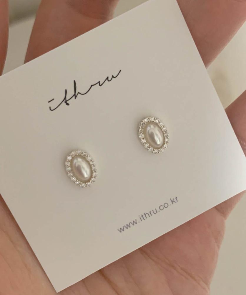 실버925 미니 타원 촘촘큐빅 진주 은귀걸이