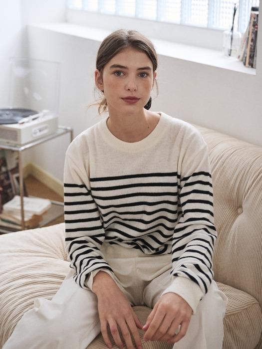 STRIPE ROUND NECK KNIT_IVORY