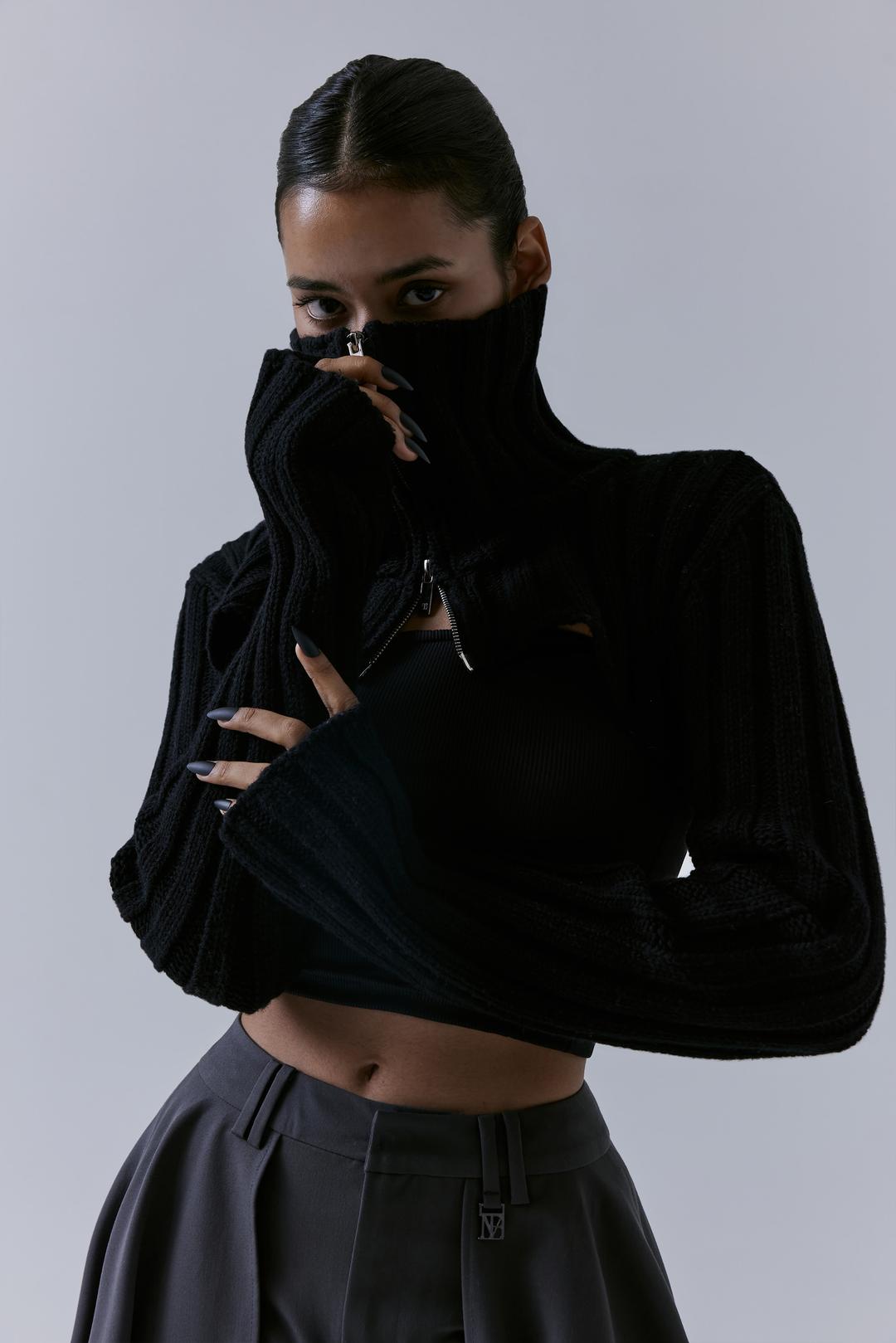 High-neck Bolero Knit Zip-up [ Black ]