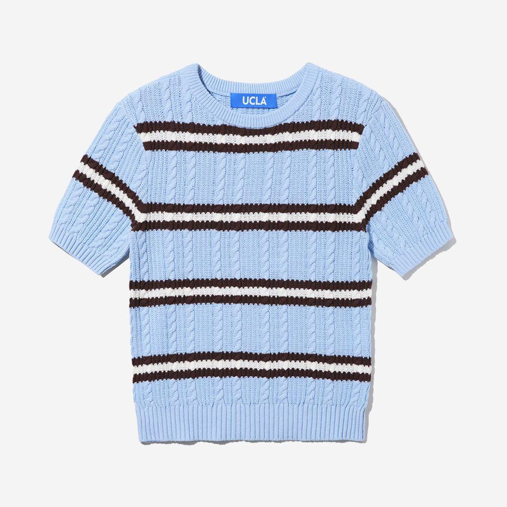 여성 스트라이프 케이블 조직 반팔 스웨터[LT-BLUE](UB3SK50_42)