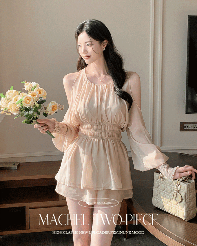 메이첼 홀터넥 쉬폰 셔링 밴딩 쓰리스트랩 리본 플레어 블라우스 반바지 투피스