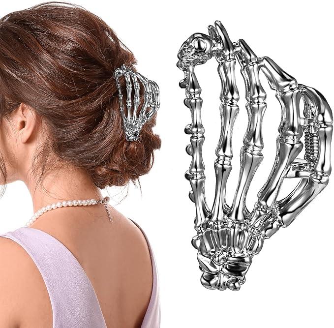 JIEYAO Halloween Spider Web Metal Hair Clips, Goth Alloy Hair Claw Clip, Funny Punk Hair Accessories Non Slip Grip Hair Barrettes Hair Decorations for Women Cosplay Party Catch Clips (Skeleton Hand)