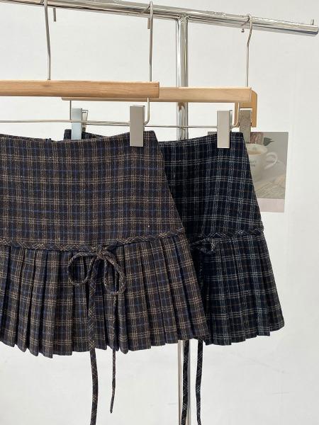 체크 플리츠 리본 미니 스커트-2col