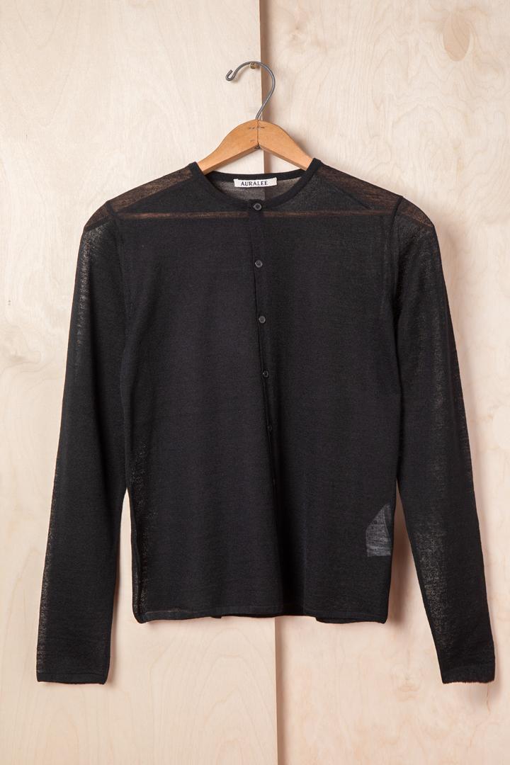 AURALEE (WOMEN) HARD TWIST HIGH GAUGE WOOL SILK KNIT CARDIGAN (BLACK)