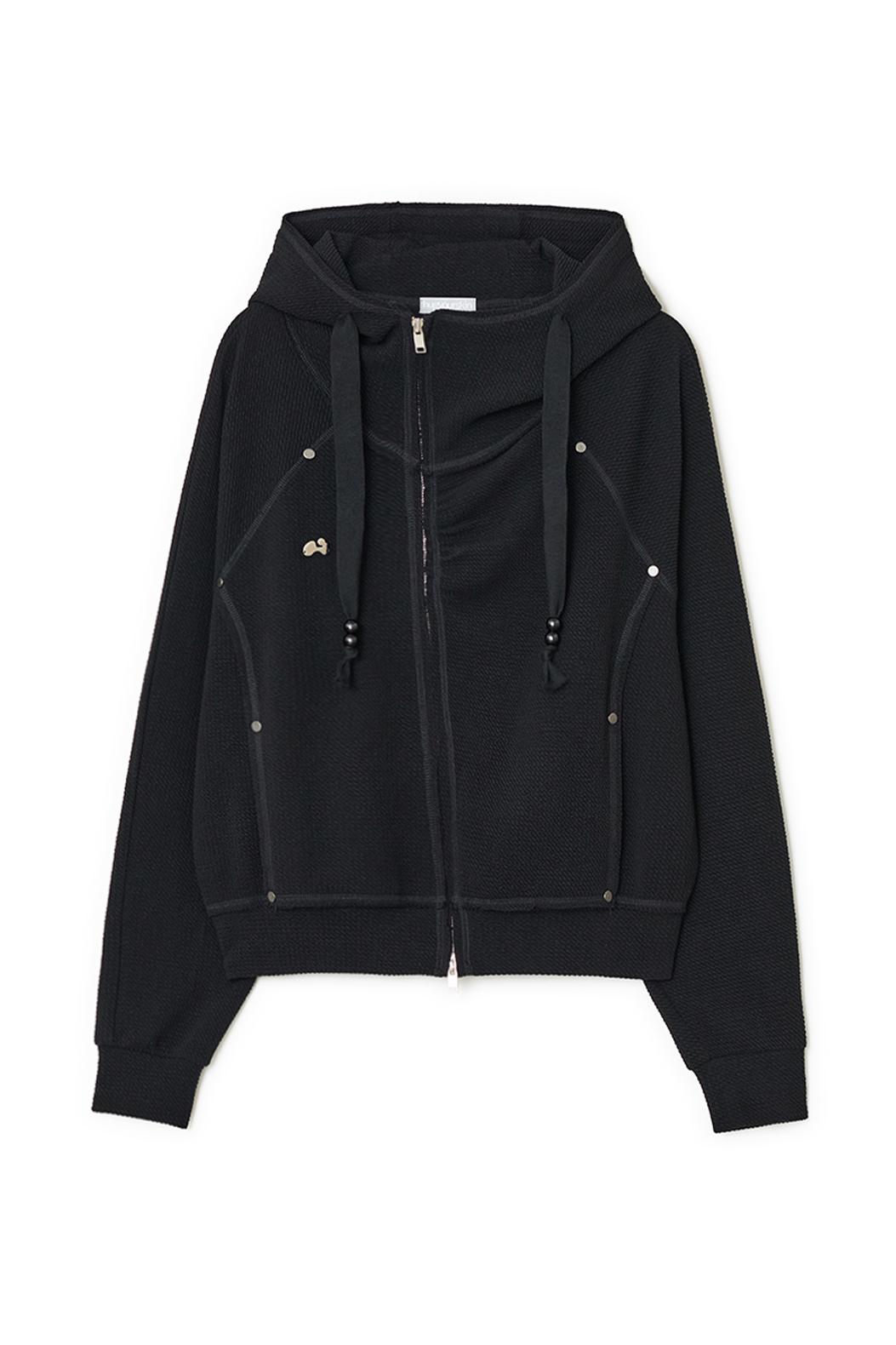 Shirring high-neck hoodie zip-up (Black)
