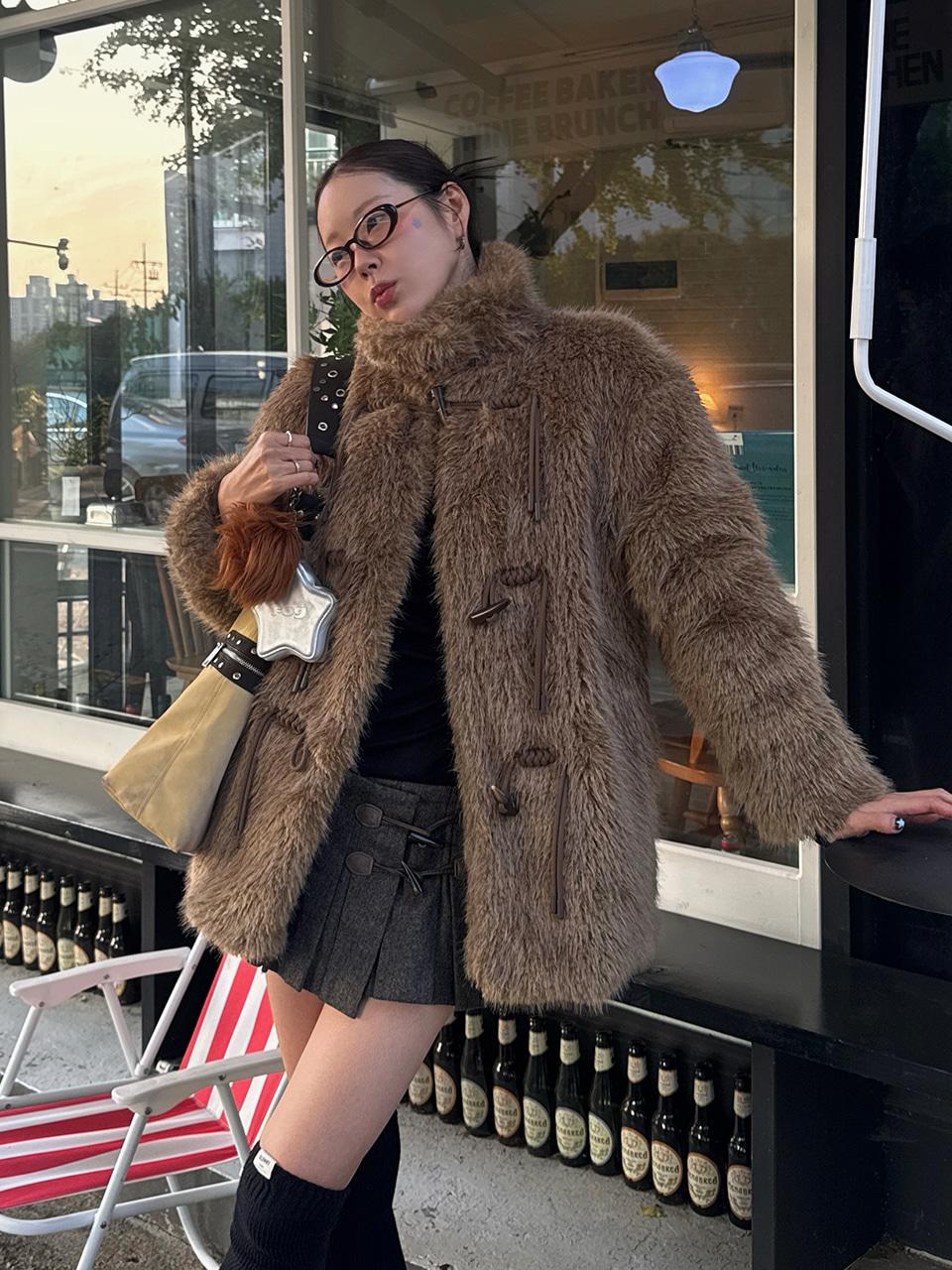 Duffle Fur Half Coat, Khaki Brown