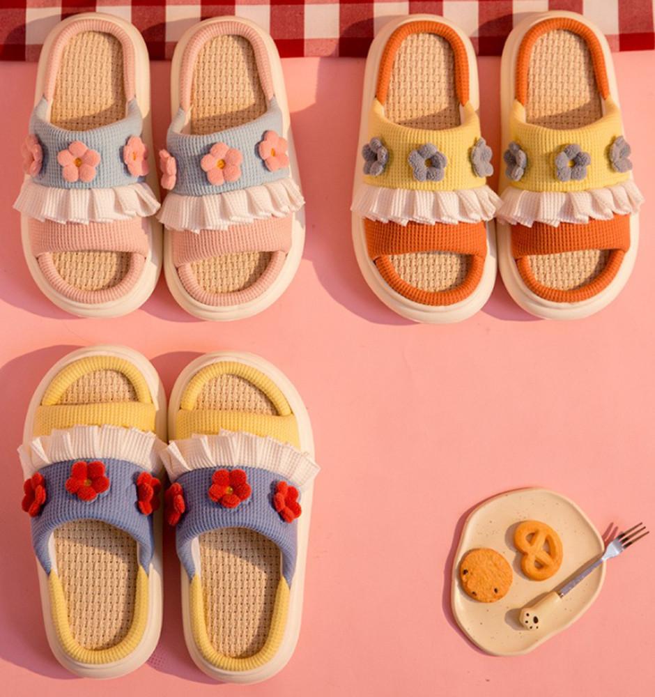 여름 린넨 홈슬리퍼 백설공주 꽃 가정용 층간소음 실내화 3color
