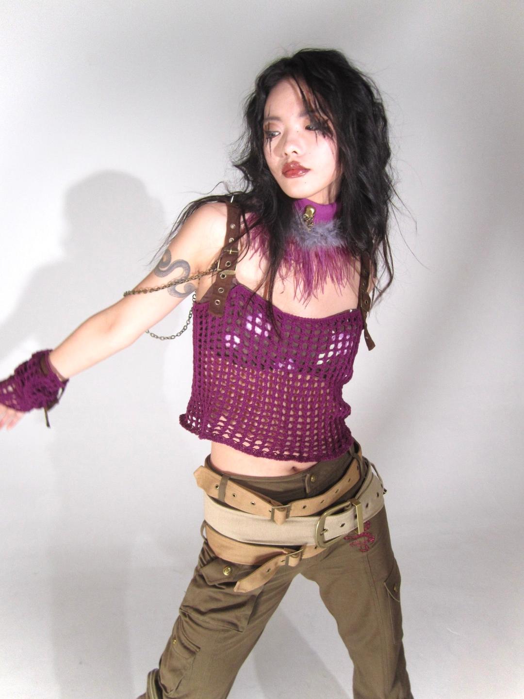 Hollowed out large mesh knit double top+Oversleeve