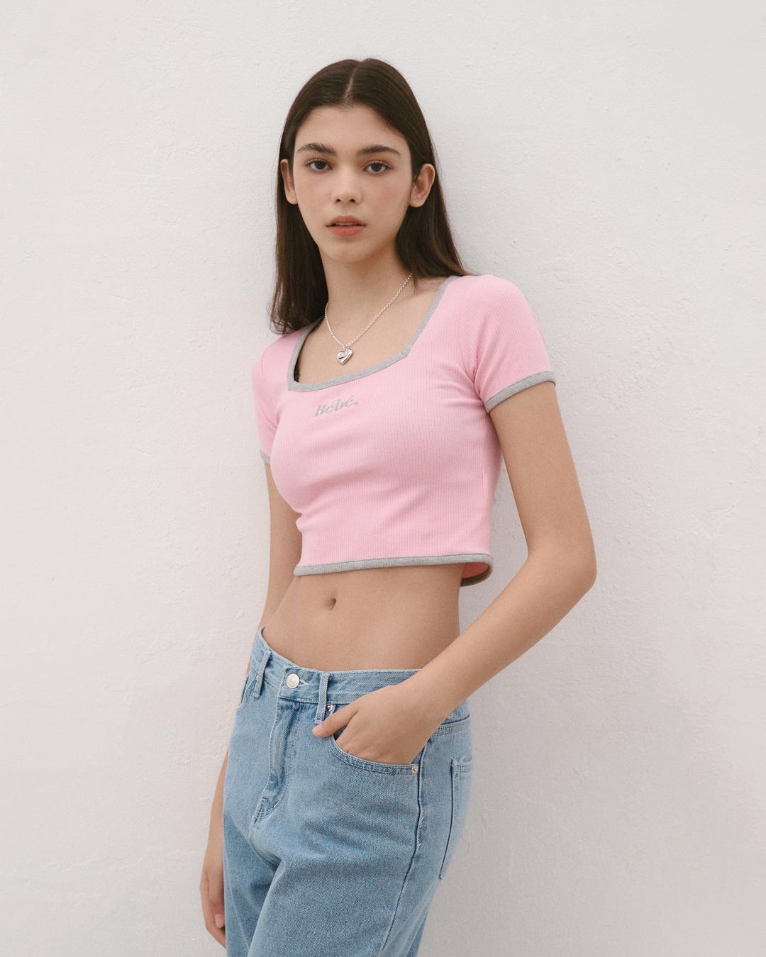 [6/19 순차 배송 상품] Bébé Square Neck Ribbed Top [PINK]