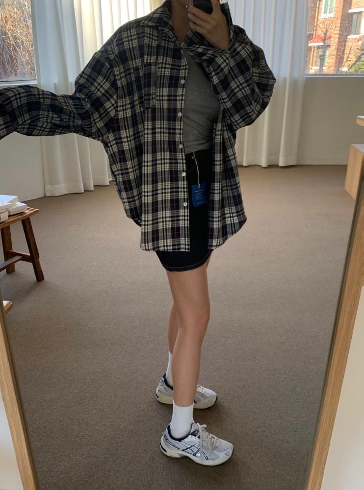 [빅사이즈/네이비당일출고] 봄 루즈핏셔츠 체크남방 카라 오버핏 셔츠 블라우스 남방