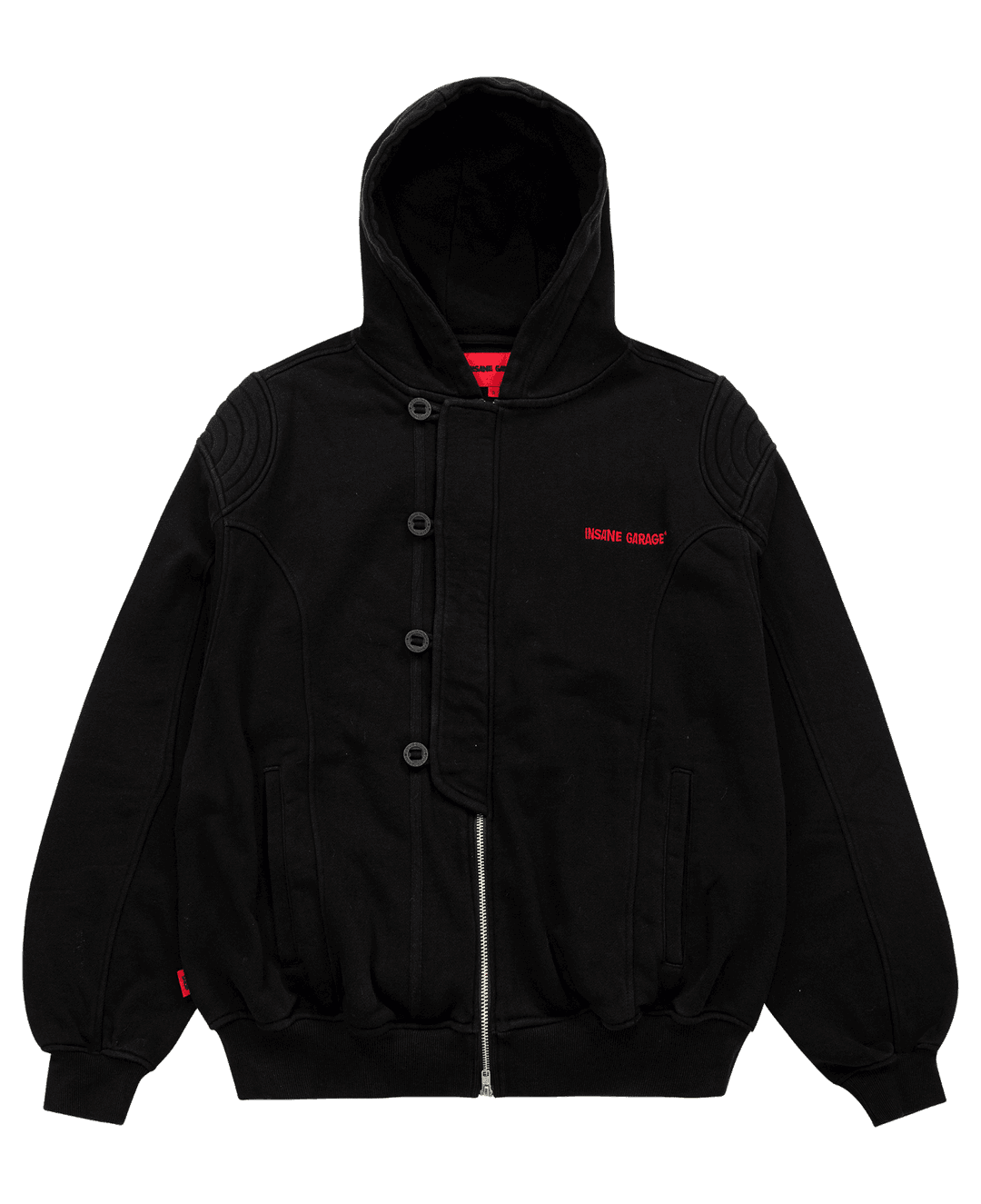 INSANE PADDED SHOULDER ZIP FRONT HOODIE_BLACK