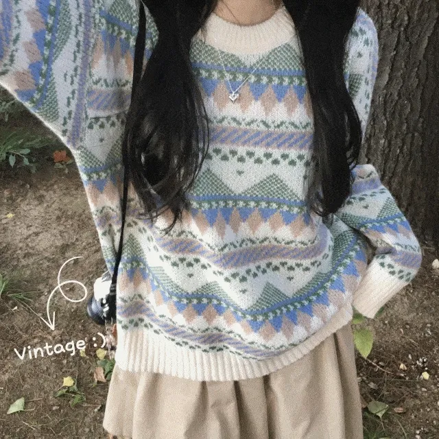 ❄️주말특가 무조건10%쿠폰❄️ [분위기있는..!/러블리*-*] 빈티지 자카드 오버핏 라운드넥 니트