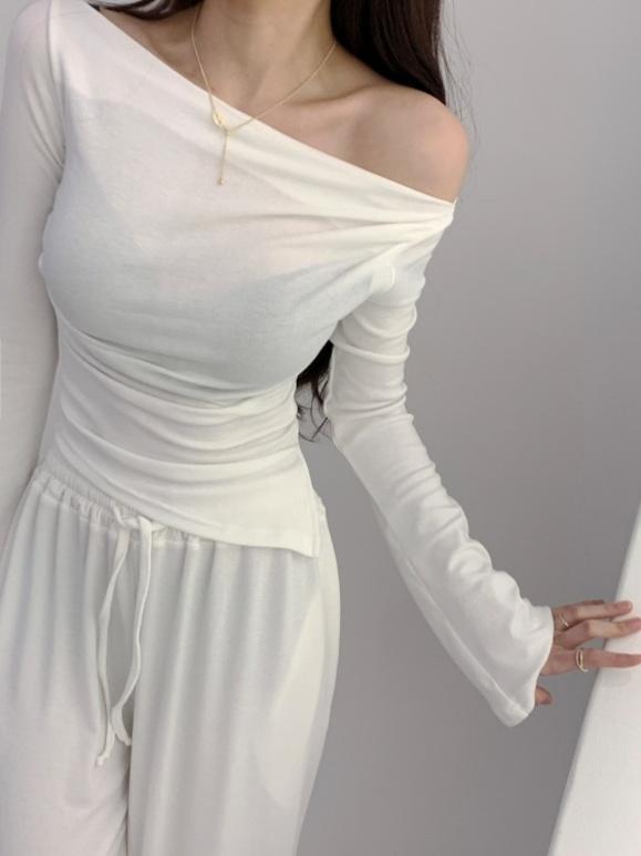 핏/원단최고👍쫀쪼니 모찌 드레이프 셔링 오프 보트넥 언발 사선 티셔츠, 트레이닝 세트가능 4color