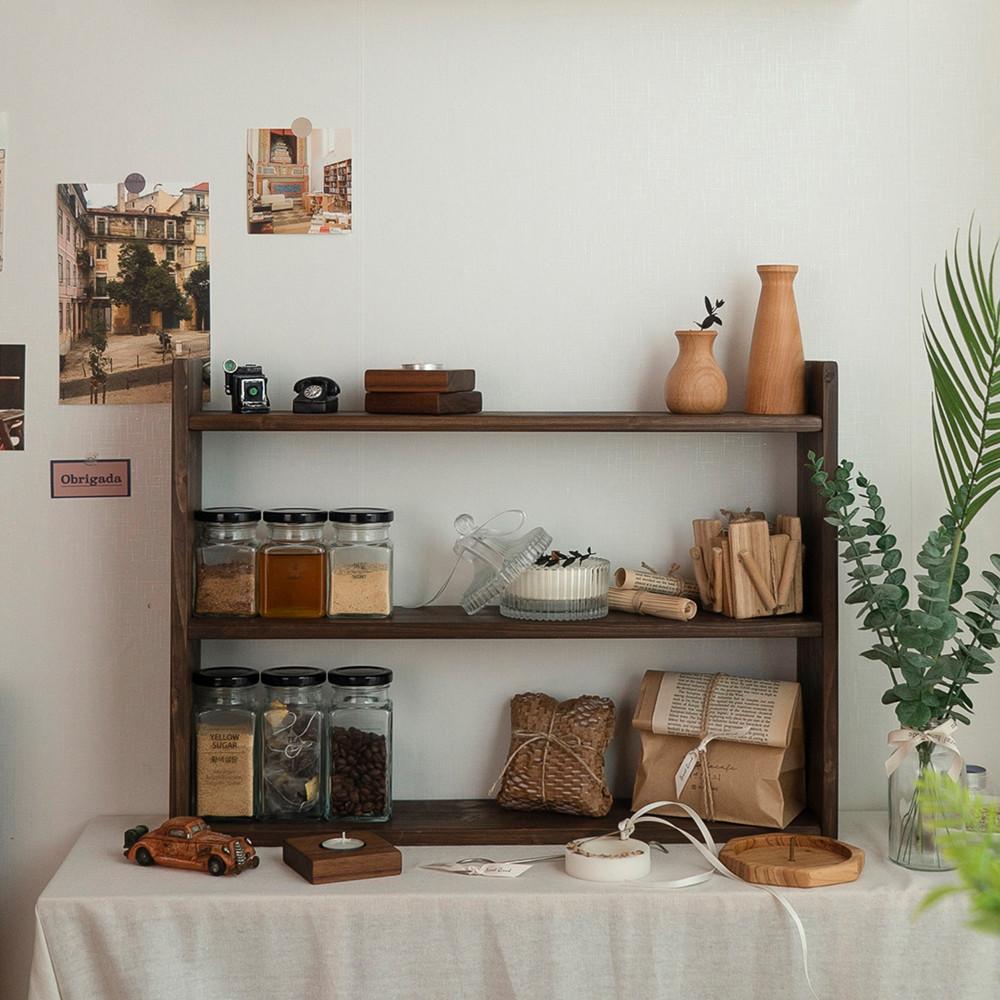 주방 식탁선반 앤틱 원목 홈 카페 미니 슬림 식탁 우드 3단 양념통 정리 선반