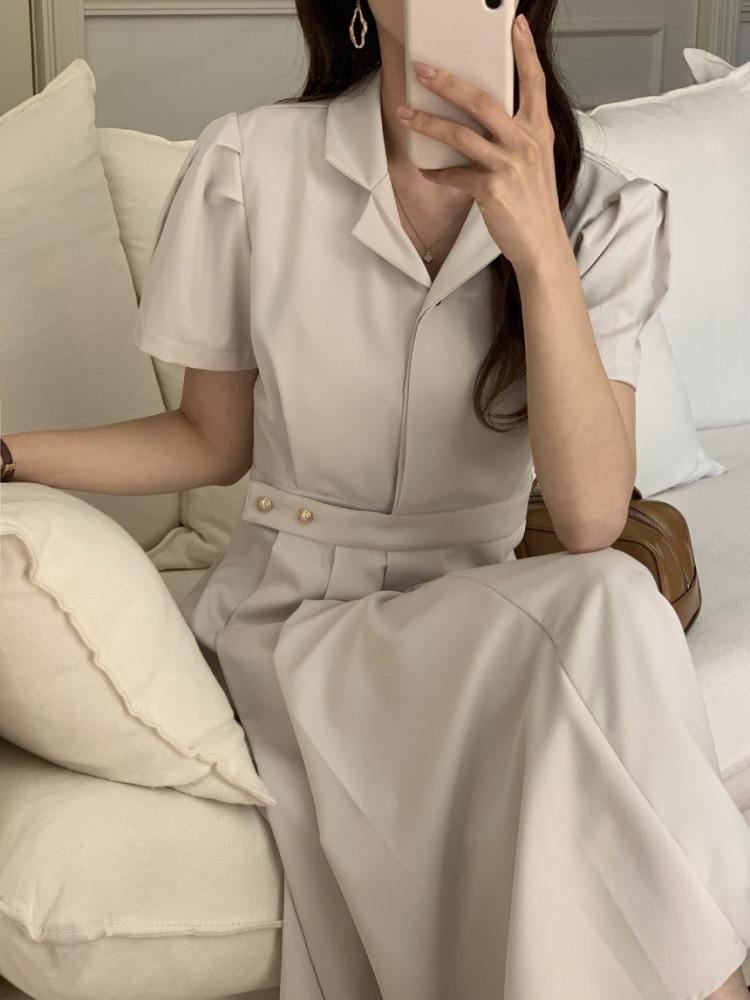 (하객룩/블랙당일발송) 골드버튼 반팔 원피스 (연베이지,블랙)