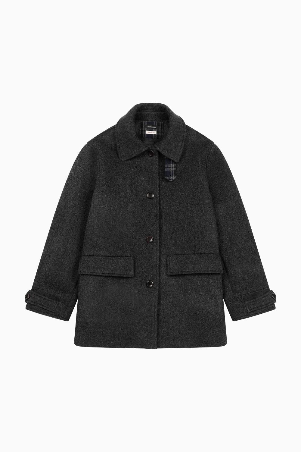 CHECK HALF WOOL COAT, CHARCOAL