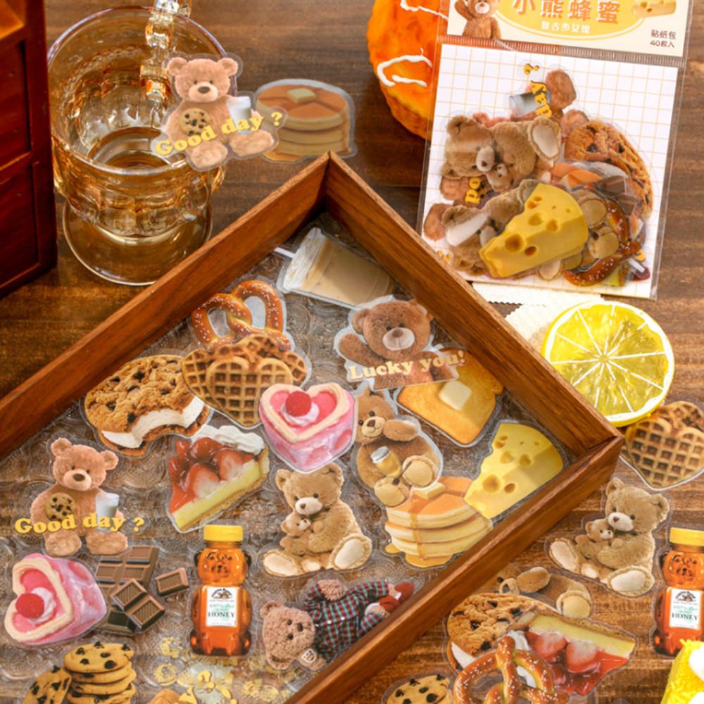 러블리 곰돌이 하트 베이커리 리본 PET 미니 조각 다꾸 스티커 40매