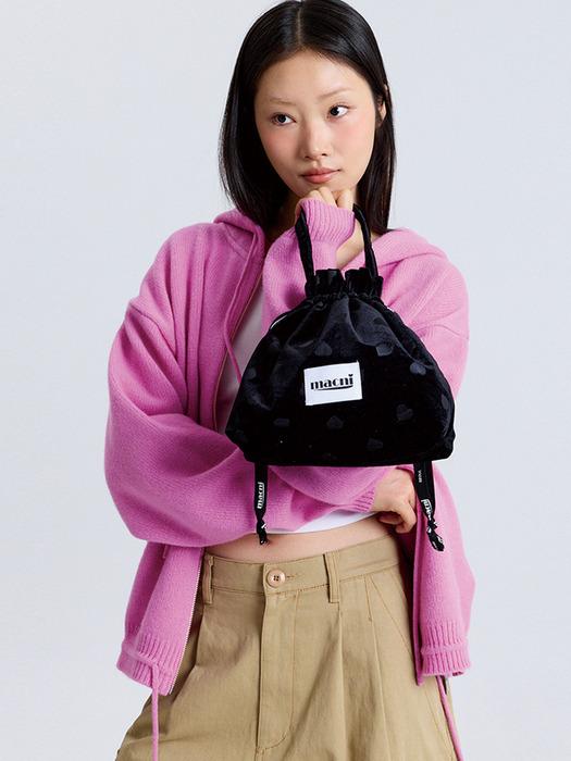 HEART VELVET STRING POUCH BLACK