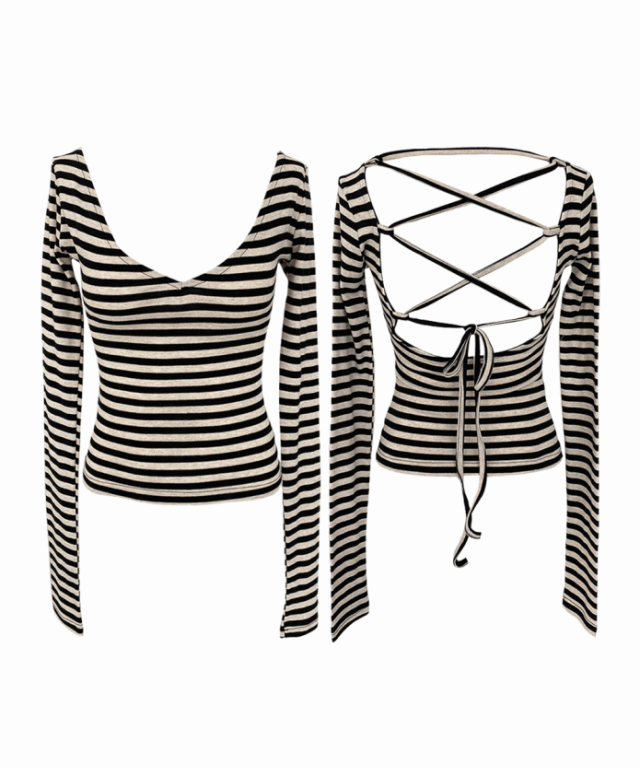 Sensy backless stripe long sleeve T (2colors)
