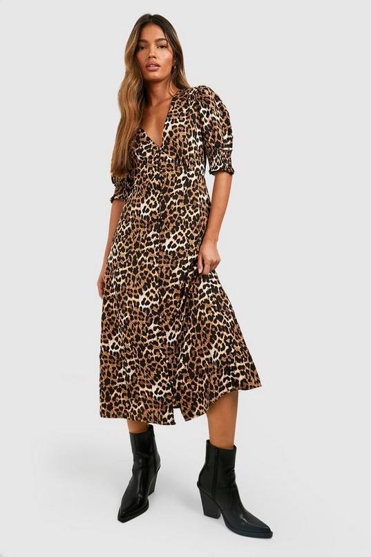 Leopard Shirred Cuff Midi Dress