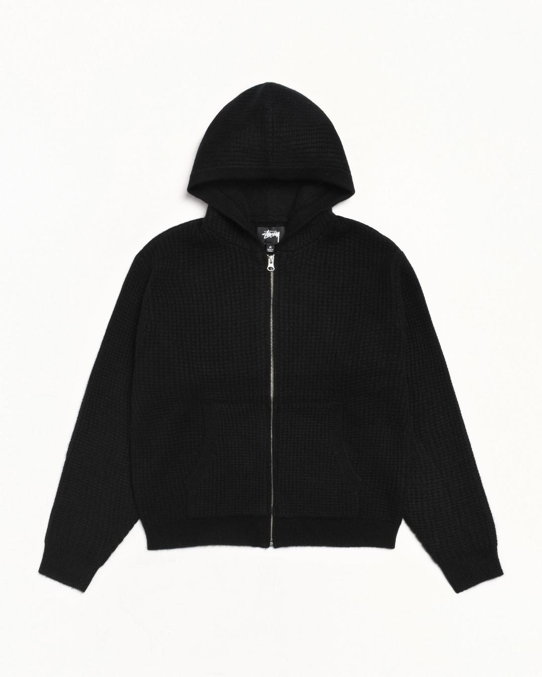 WAFFLE CASHMERE ZIP HOOD SWEATER - Black / S