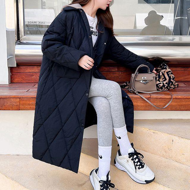 후디 퀼팅 누빔 경량 롱 패딩 탈부착 후드 점퍼 아우터 단추 깔깔이 야상자켓